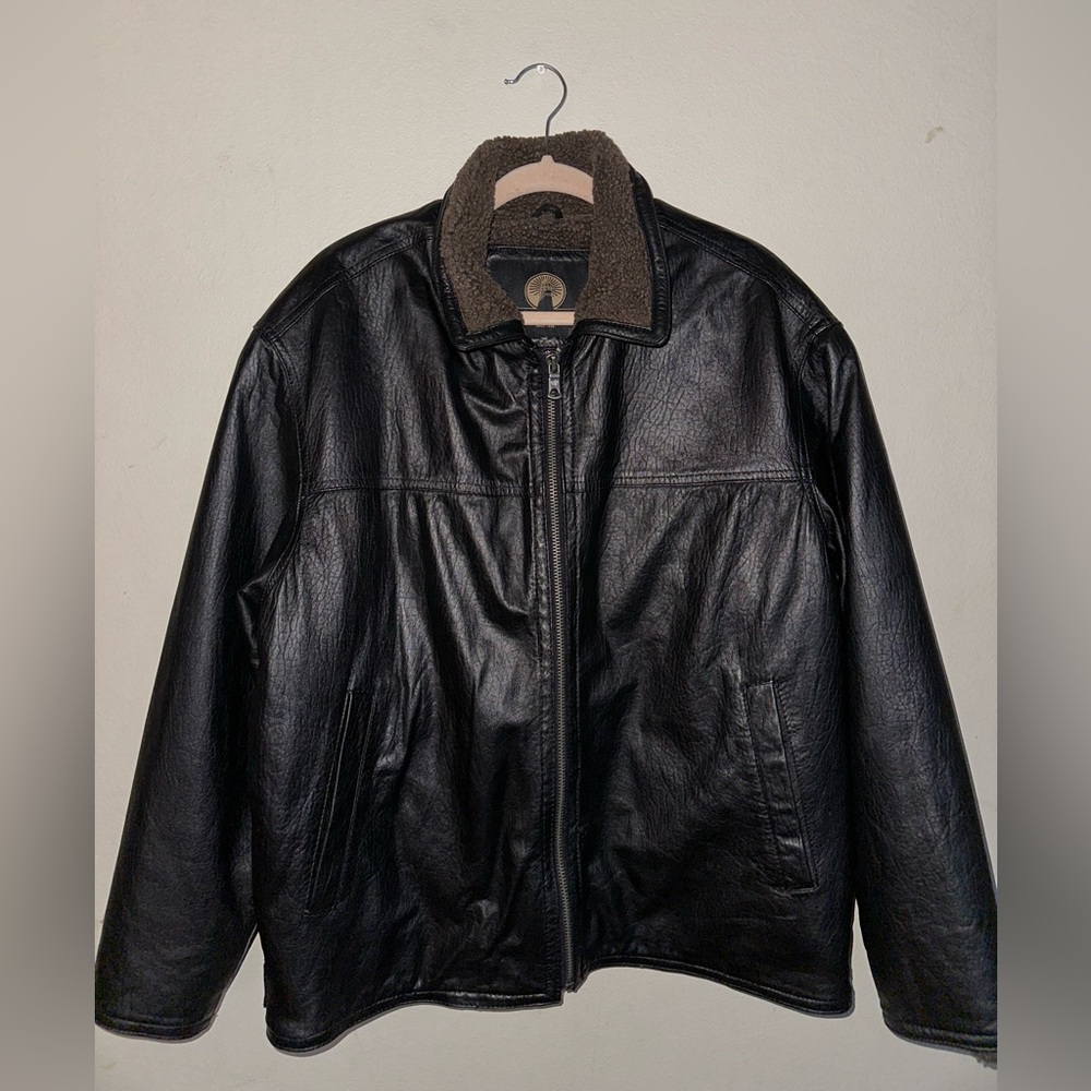 WEATHERPROOF Black Leather Jacket with Brown Fuss Size Large